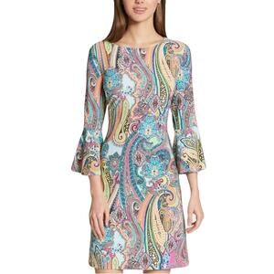 NWOT TOMMY HILFIGER Dress 2P/XS Paisley Blue Pink Flounce-3/4-Sleeve Fit&Flare